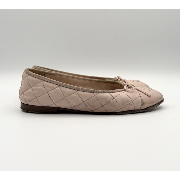 Chanel Ballet Flats Pink Quilted Leather w/ CC Logo Toe & Ribbon Sz EU 35.5 5.5 - Picture 3 of 15